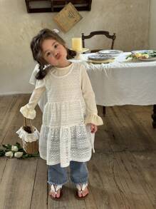 SHEIN Baby Girls' Knitted Tank Dress, Spring/Summer Korean Style Spaghetti Strap Dress, Suitable For Layering With Jeans - White - View 6