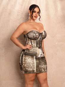 SHEIN BAE Plus Size Color-Block Street View Printed Mesh Corset Top And Ruched Street View Printed Mesh Spring Daily Outfits Skirt