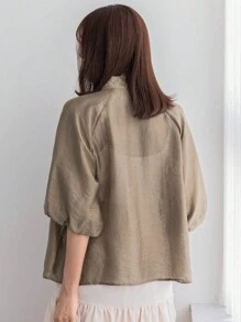 FRIFUL Women Solid Color Raglan Sleeve Stand Collar Loose Blouse For Spring/Summer Linen Long Sleeve - Khaki - View 11