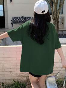 DAZY 女式夏季宽松休闲圆领落肩袖 T 恤，字母印花 FANTASTIC ADVENTURE KEEP GOING - 墨綠色 - 查看 4