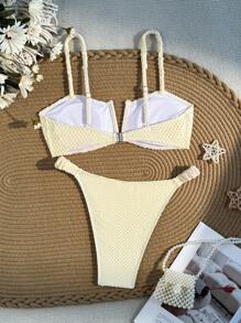 SHEIN Swim 女士夏季沙灘純色褶皺性感比基尼套裝，採用特殊面料 - 米色 - 查看 3