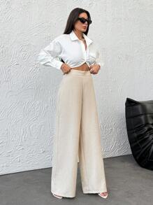 EURMUSE Women Wide Leg Beige Linen Pants - Beige - View 6