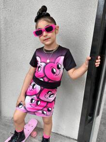 SHEIN Explorewe Girls (Little Kids) Cute Heart Pattern Print Coordination With Mini Skirt 2Pcs Set, Summer Vacation - Black - View 5