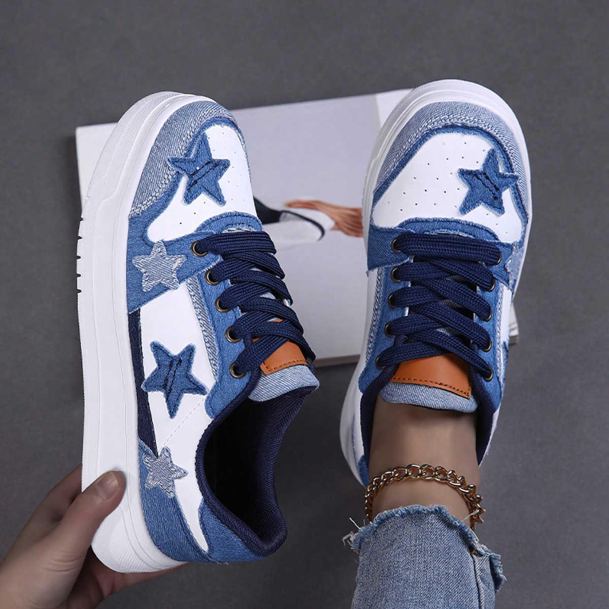 Zapatos de patinaje para mujer con estampado de estrellas en blanco y negro, transpirables, ligeros y cómodos, tenis para mujer para otoño/invierno