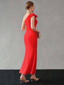 MOTF PREMIUM Massimo Bonini Solid單肩立體花朵褶皺上身美人魚下擺禮服 - 紅色 - 查看 8