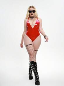 Plus Size Front Zipper Pu Leather Sexy Bodysuit - Red - View 5