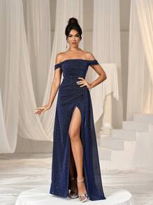 Faeriesty Glitter Off Shoulder Draped Side Formal Dress - Navy Blue - View 3