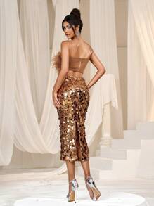 Faeriesty Elegant Stylish Tube Top & Sequin Slit Back Skirt