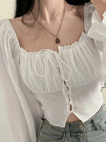 DAZY Women's Solid Color Square Neckline Long Sleeve Shirt With Chest Ruching Detail, Summer,Ruffle Babydoll Top - White - View 6