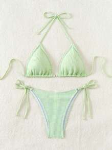 SHEIN Conjunto de bikini sexy para mujer con estampado de cuadros de playa de verano y cuello halter con traje de baño separado