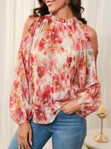 SHEIN Clasi Blusa elegante de estilo de los años 70 con hombros descubiertos y mangas farol con estampado floral para mujeres, otoño de vuelta al colegio para maestras, ropa de primavera/verano con estilo vintage