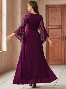 MIUSOL Floral Lace Flare Sleeve Round Neck Chiffon Evening Party Long Dress, Wedding Guest Dress, Formal Prom - Maroon - View 2