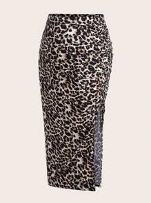 SHEIN EZwear Women's Plus Size Knitted Leopard Print Skirt With Side Slits - Multicolor - View 5