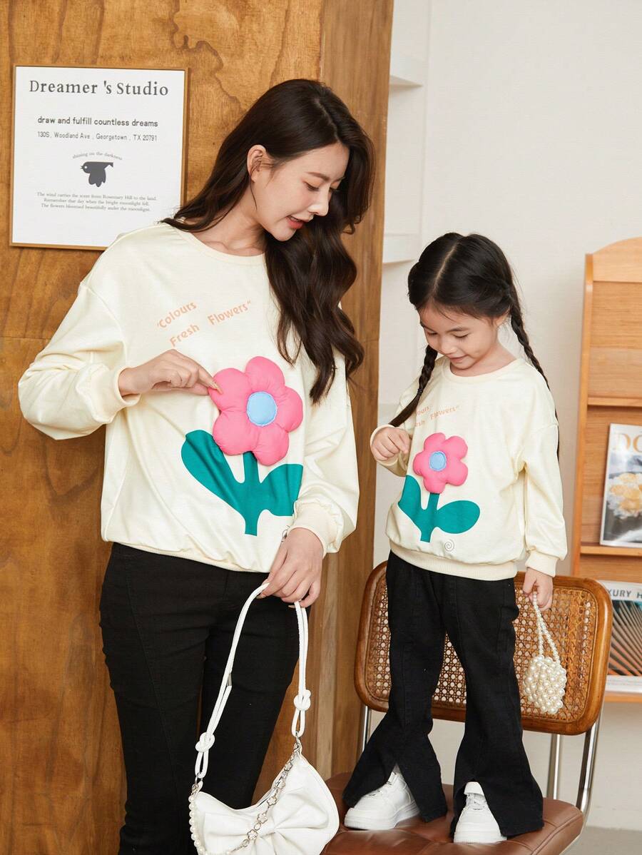 女士貼字印花圓領休閒長袖套頭衫 - 彩色 - 查看 1