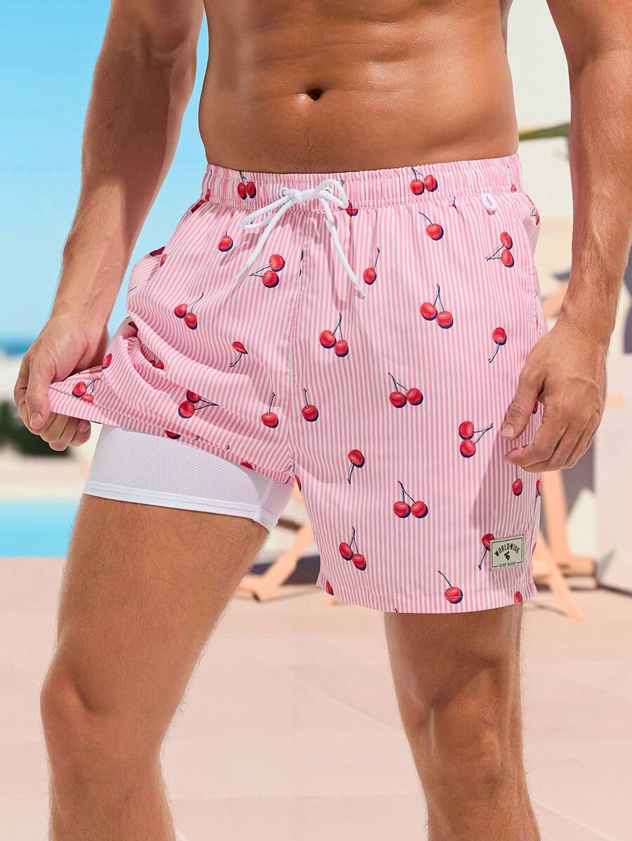 Zalmeno Men Fashionable Double-Layer Cherry Striped Beach Shorts,Hawaiian - Pink - View 1