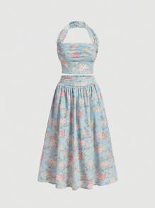 SHEIN MOD Conjunto de top de cuello halter y falda con línea A de talla grande con estampado floral vintage, verano
