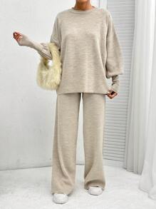EURMUSE Women's Loose Casual Sweater Two-Piece Set - Beige - View 5