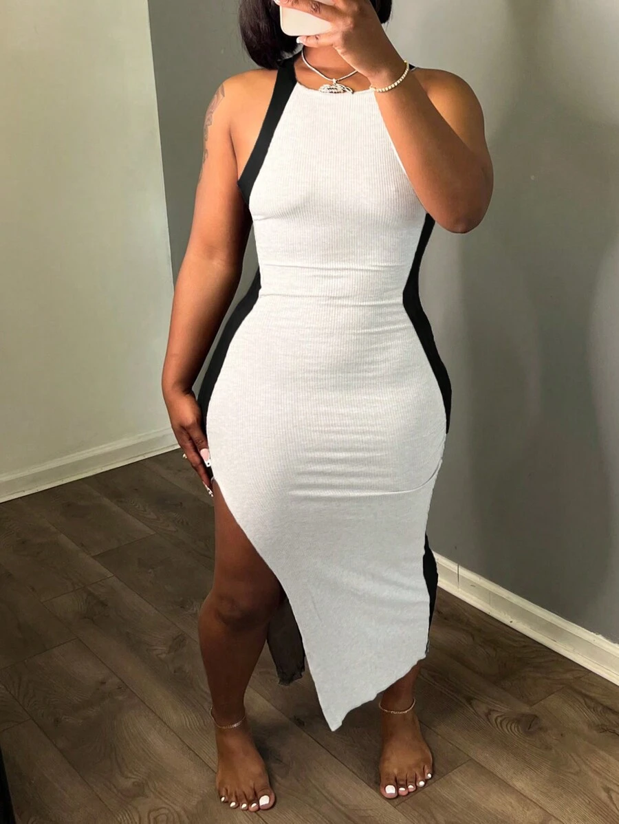 INAWLY Women's Color Block White Black Simple Daily Sleeveless Tight Bodycon Dress - Black and White - View 1