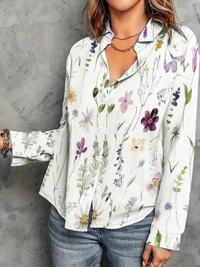 New European And American Style Printed Turn-Down Collar Casual Loose Soft Long-Sleeved Women's Shirt, Spring And Autumn,Long Sleeve Tops