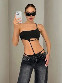 SHEIN ICON Y2k Summer  One Shoulder Hollow Out Bodysuit With Metal Hardware Detail And High Waist For Women