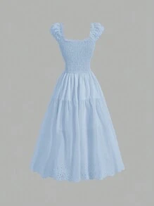 Vestido midi elegante de vacaciones y con cintura ceñida, estampado floral, volantes y encaje en parches, de una sola hilera de botones para mujer - Celeste - Ver 2