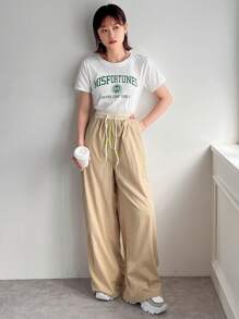 FRIFUL Women Casual Color Blocking Drawstring Waist Wide Leg Pants With Multiple Pockets