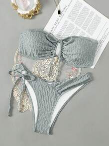 女士夏季海灘純色無肩帶中空束胸比基尼套裝 - 淺藍色 - 查看 5
