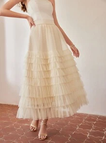 MOTF PREMIUM Saia de malha com bainha em camadas e babados - Damasco - Visão 4