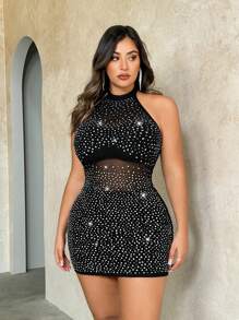 SHEIN BAE Vestito a tubino elegante per donne di taglia forte con tessuto trasparente nero in tulle e decorazioni in strass e paillette, collo alto e maniche lunghe. Perfetto per feste di laurea estive - nero - Visualizzare 9