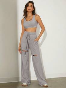 SHEIN Unity Pantalon décontracté à taille cordon avec découpe et couleur unie pour le printemps/été - Gris - Voir 3