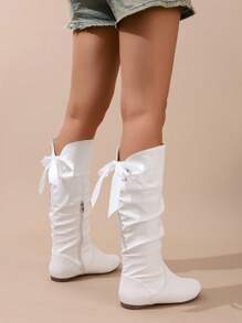 2025 秋冬女士时尚白色高筒靴，侧拉链，圆头，褶皱设计，日常休闲搭配 - 白色 - 查看 4