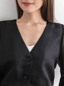 FRIFUL Women Solid Color Single-Breasted Casual Jacket With Medium Sleeves - Black - View 11