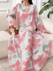 Al Najma Vestido largo árabe elegante para mujeres con cuello redondo y manga larga con estampado de corbata - Rosa - Ver 7