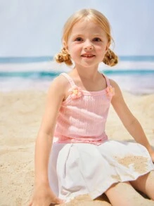 SHEIN 2pcs Young Girl Vacation Style Knit Jacquard Top With 3D Flower Decor Paired With White Woven Mini Skirt Set, Textured Fabric, Casual& - Pink - View 4