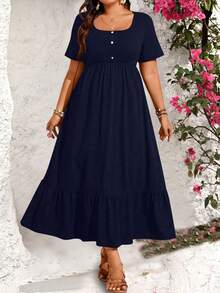 Plus Size Plain Button Decor Pleated Summer Casual Short Sleeve Dress - Navy Blue - View 3