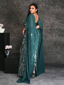 seomiscky Plus Size Sequined Puff Sleeve V-Neck Bodycon Women's Formal Evening Party Dress - Dark Green - View 2