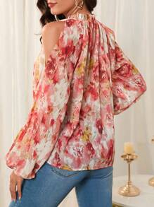 SHEIN Clasi Blusa elegante de estilo de los años 70 con hombros descubiertos y mangas farol con estampado floral para mujeres, otoño de vuelta al colegio para maestras, ropa de primavera/verano con estilo vintage