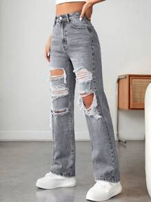 SHEIN PETITE Women's Loose Fit Casual Jeans With Ripped Pockets - Light Grey - View 5