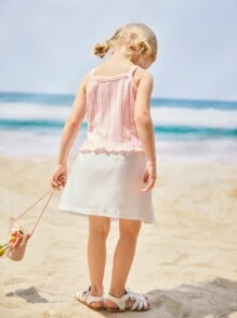 SHEIN 2pcs Young Girl Vacation Style Knit Jacquard Top With 3D Flower Decor Paired With White Woven Mini Skirt Set, Textured Fabric, Casual& - Pink - View 2