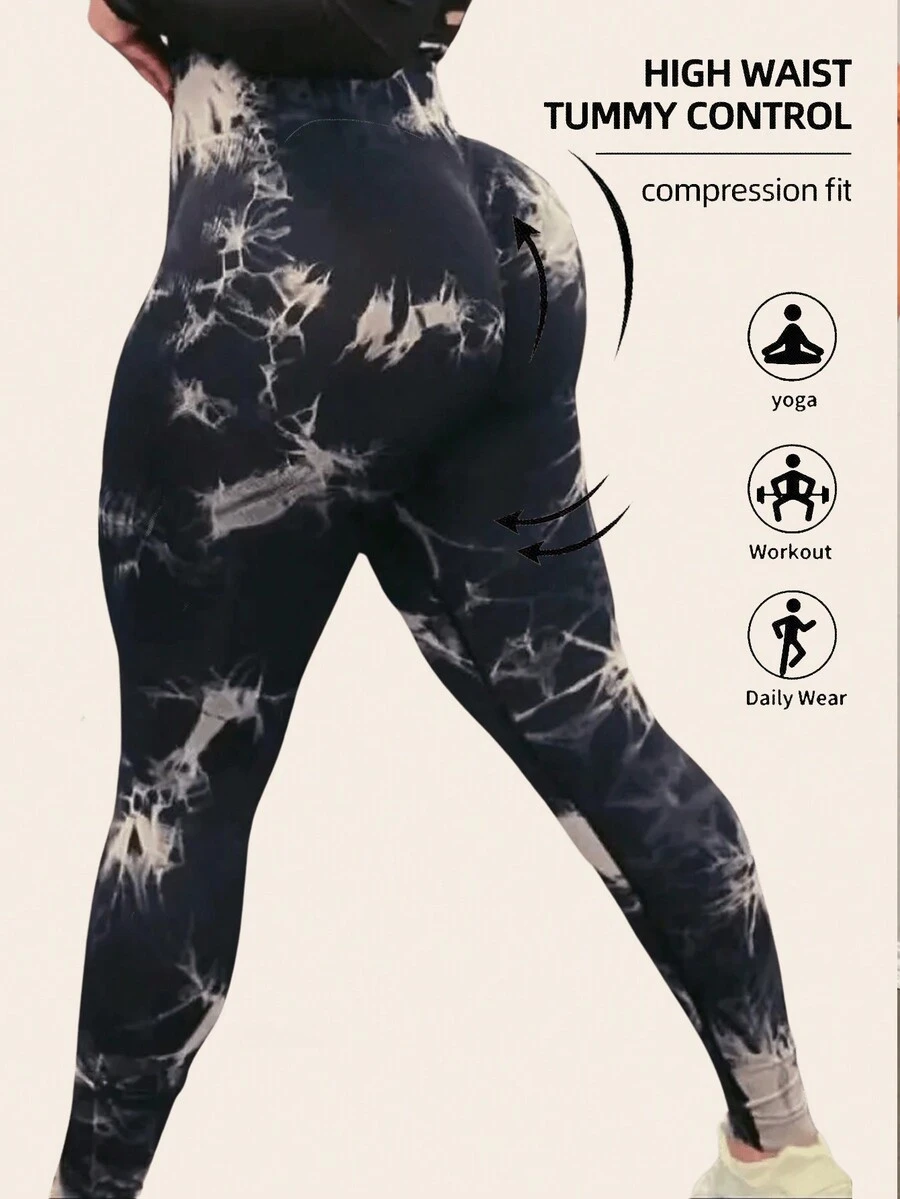 Slaydiva Leggins ajustados deportivos casuales y modernos para mujer con estampado teñido anudado y pliegues estrechos - E - Multicolor - Ver 1