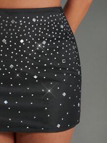 Hauture Two Pieces Rhinestone Halter Crop Top & Mini Skirt - Black - View 6