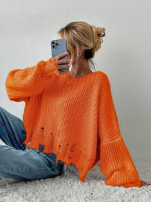 EURMUSE Maglione spalle cadenti slavato orlo - Arancione - Visualizzare 3