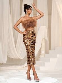Faeriesty Elegant Stylish Tube Top & Sequin Slit Back Skirt