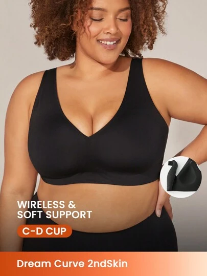 LUVLETTE Plus Dream Curve 2ndSkin Svart Bygellös Sömlös Plunge Lounge No Show T-shirt Sticky Basic SizeFreedom BH Bekväma Måsten Även Lämplig För Tonårsflickor & Unga & Barn