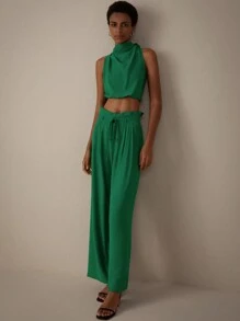 SHEIN Privé Clean-Colored Fashionable Sleeveless High Collar Top With Waist Belt And Wide Leg Pants Set, Mature Style - Dark Green - View 8