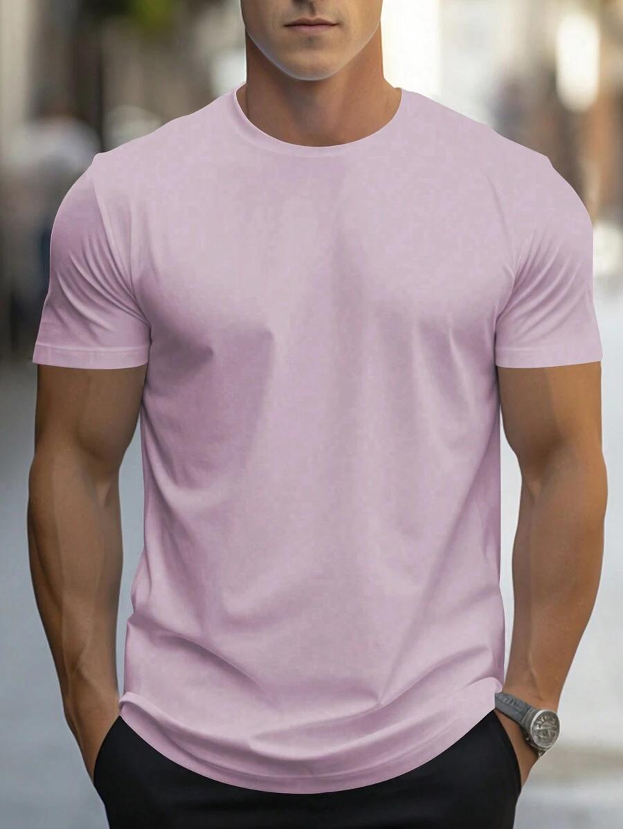 Manfinity Homme Men's Summer Solid Color Round Neck Short Sleeve Casual T-Shirt - Pink - View 1