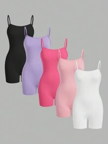 SHEIN Essnce Women's Summer Casual Solid Color Spaghetti Strap Skinny  Knitted Solid Color Cami Romper Set, 5pcs Airport Outfit Sport - Multicolor - View 1