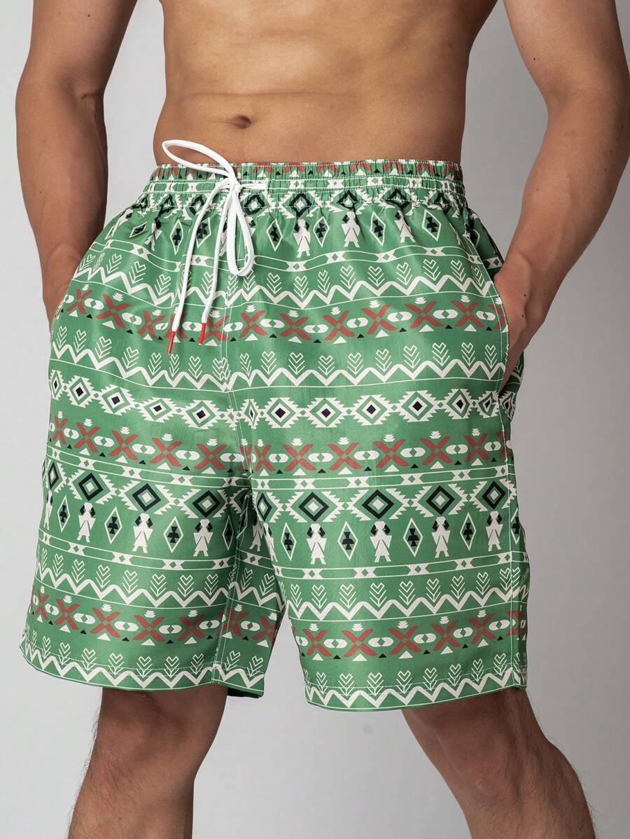 Surfspeed Men's Geometric Printed Drawstring Waist Loose Fit Beach Shorts For Vacation - Green - View 1