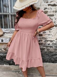 SHEIN LUNE Vestido veraniego de manga corta holgado de talla grande con mangas abullonadas y unicolor - Rosa - Ver 3