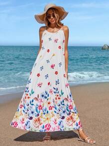 SHEIN VCAY Summer Women's Printed Spaghetti Strap Backless Long A-Line Pleated Vacation Floral Dress - Multicolor - View 6